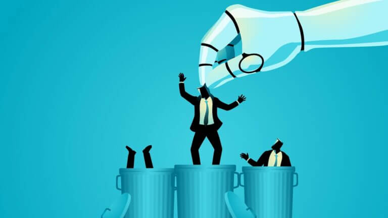 AI Replacing Human Workers, robot hand throwing businessmen in trash bin